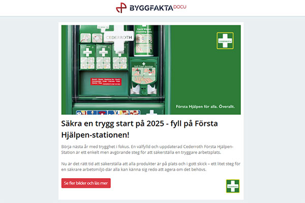 Säkra en trygg start på 2025 - fyll på Första Hjälpen-stationen! | Arbetar du med BIM? | Ökad tillgänglighet för akustikundertak i färg | Sänk kostnaden till 2025 på passagesystem