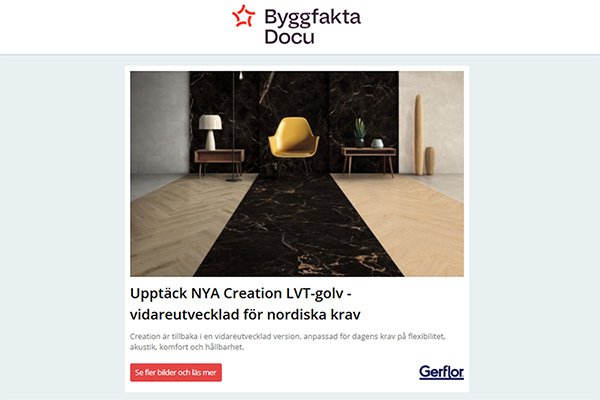 Upptäck NYA Creation LVT-golv - vidareutvecklad för nordiska krav | Byggfakta Docu utvecklas till Lattira Source | OLDA automatiska kantreglar med smalare stolpar ökar i popularitet
