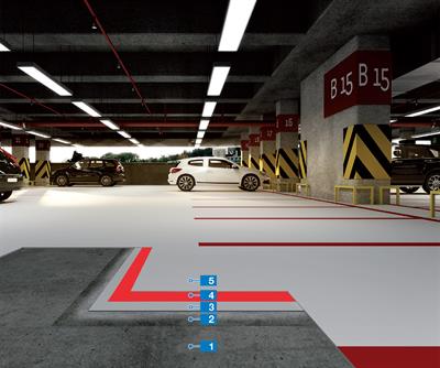 Mapefloor Parking System PU/PD mPARK: Flerskikts polyuretanbeläggning för vattentätning av invändiga parkeringsarealer med separat membran